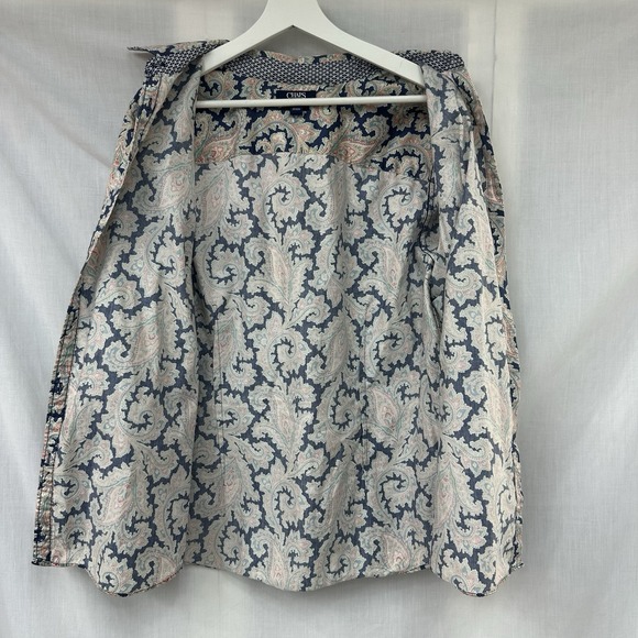 Chaps No Iron Button Front Shirt SZ 1X Blue Pink Paisley Cotton Long Sleeve Top - Picture 11 of 13